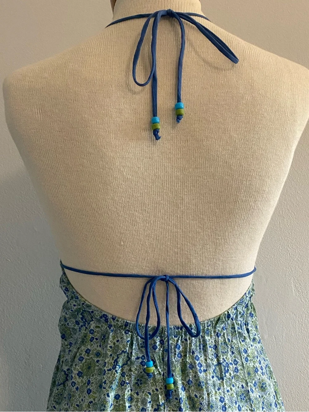 Vintage Blue and Green Floral Halter Cotton Maxi Dress Size S - Picture 6 of 11